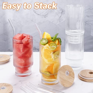 AKONEGE Ribbed Glass Cups with Lids and Straws Set