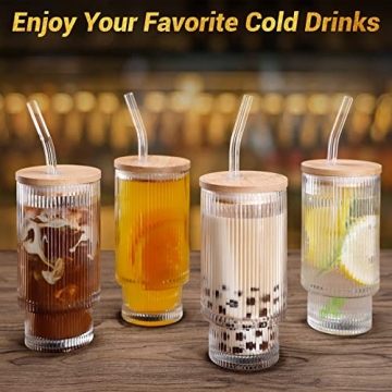 AKONEGE Ribbed Glass Cups with Lids and Straws Set