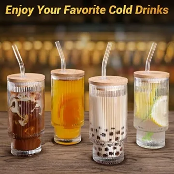 AKONEGE Ribbed Glass Cups with Lids and Straws Set