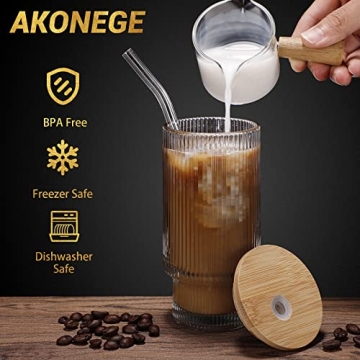 AKONEGE Ribbed Glass Cups with Lids and Straws Set