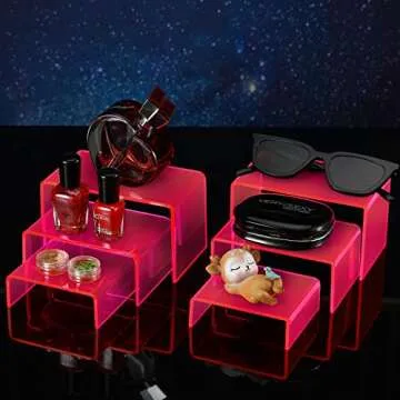 Qunclay 9 Pieces Neon Pink Acrylic Display Risers Stand Shelf Acrylic Retail Desktop Jewelry Display Riser Showcase Fixtures for Dessert Cupcake Figure Collectibles Party(Neon Pink)