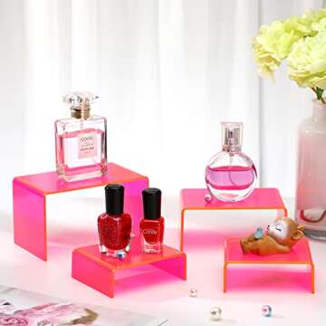 Qunclay 9 Pieces Neon Pink Acrylic Display Risers Stand Shelf Acrylic Retail Desktop Jewelry Display Riser Showcase Fixtures for Dessert Cupcake Figure Collectibles Party(Neon Pink)