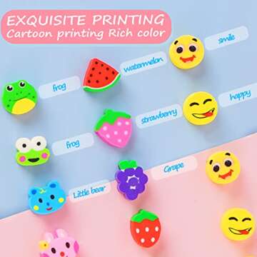 110 Pieces Cute Mini Erasers for Kids Bulk，Smiley Face, Fruits, Food and Animal Erasers Assorted, Desk Pets for Kids Classroom, Homework Rewards, Gift Filling