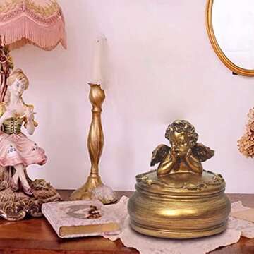 S-MANTIS Vintage Mini Box Antique Trinket Organizer Storage,Hand Painted Ornate Cute Round, Rings Earrings Box With Stereoscopic Embossed Cherub Figurine And Decorated Lid Gift (Antique Gold-Mini)