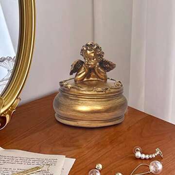 S-MANTIS Vintage Mini Box Antique Trinket Organizer Storage,Hand Painted Ornate Cute Round, Rings Earrings Box With Stereoscopic Embossed Cherub Figurine And Decorated Lid Gift (Antique Gold-Mini)