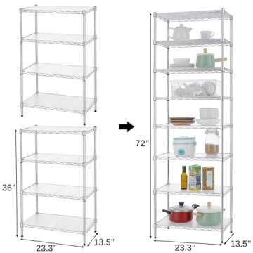 Finnhomy 8-Tier Wire Shelving Unit Adjustable Steel Wire Rack Shelving 8 Shelves Steel Storage Rack or Two 4-Tier Shelving Units with PE mat, Leveling Feet and Safety Device, NSF Certified, Chrome