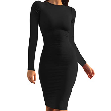 Mokoru Women's Casual Basic Pencil Dress - Elegant Long Sleeve Bodycon Midi - Black, X-Large