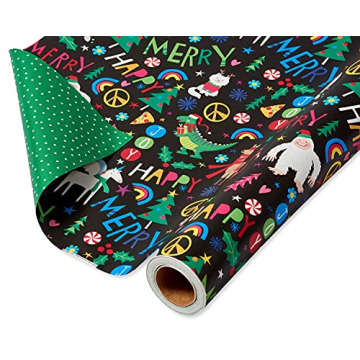 American Greetings 175 sq. ft. Reversible Black Christmas Wrapping Paper For Kids, Dinosaurs, Yetis ...