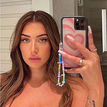 KOHOTA 8pcs Phone Charm Kawaii Cute Smiley Face Beads Phone Lanyard Wrist Strap Y2K Handmade Polymer Clay Fruit Star Pearl Acrylic Beaded Cell Phone Lanyard Anti-Lost Phone String for Women Girls