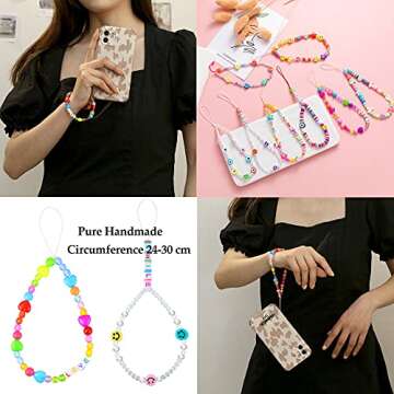 KOHOTA 8pcs Phone Charm Kawaii Cute Smiley Face Beads Phone Lanyard Wrist Strap Y2K Handmade Polymer Clay Fruit Star Pearl Acrylic Beaded Cell Phone Lanyard Anti-Lost Phone String for Women Girls