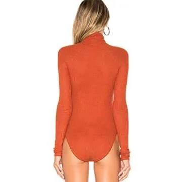May&Maya Women's Lightweight Thermal Knit Fabric Foldover Neckline Bodysuit Top Blouse Leotard Bodice Jumpsuit (Orange, XL)