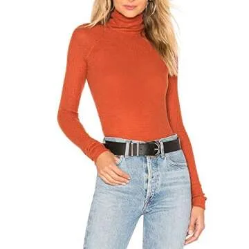 May&Maya Women's Lightweight Thermal Knit Fabric Foldover Neckline Bodysuit Top Blouse Leotard Bodice Jumpsuit (Orange, XL)