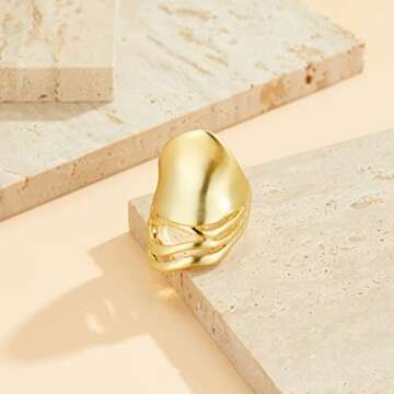 Aprilery Gold and Silver Rings for Women, Fashion 18K Gold Plated Chunky Statement Ring Band Dome Mask Design Cocktail Costume Jewelry for Her (Gold - Mask, 8)