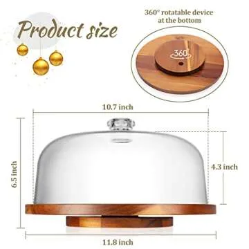 Rotating Cake Stand with Clear Acrylic Dome Lid, Turntable Base, Display Server Tray for Kitchen,Birthday Parties,Weddings,Baking Gifts,Acacia Wood Lazy Susan with Cover