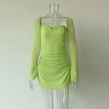 XLLAIS Women Mesh Dress with Puff Sleeves for Parties