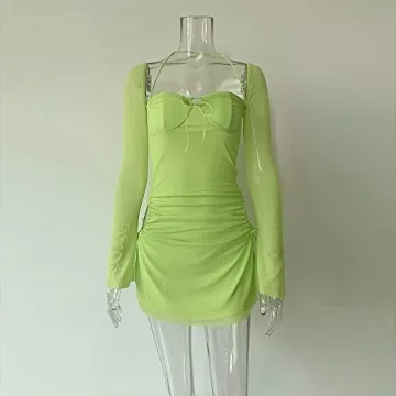 XLLAIS Women Mesh Dress with Puff Sleeves for Parties