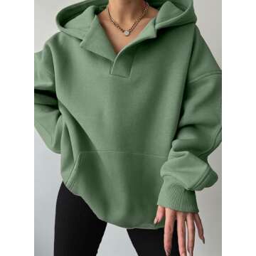 SHEWIN Sweatshirt Womens Casual Winter Loose Hoodies Fleece Sweatshirts Fashion 2024 Long Sleeve V Neck Sweaters Pullover Outfits Tops Clothes Green Medium
