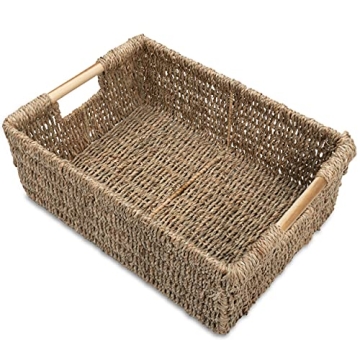 Large Natural Wicker Basket Rectangular with Wooden Handles, Seagrass Storage for Organizing, Shelve...