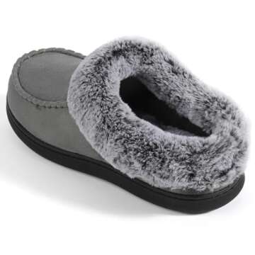 ULTRAIDEAS Women's Memory Foam House Slippers with Hard Bottom, Fur Lined House Shoes with Non-Slip Rubber Sole for Indoor & Outdoor (Sleet, 9-10)