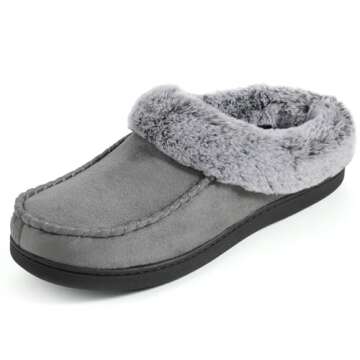 ULTRAIDEAS Women's Memory Foam House Slippers with Hard Bottom, Fur Lined House Shoes with Non-Slip Rubber Sole for Indoor & Outdoor (Sleet, 9-10)