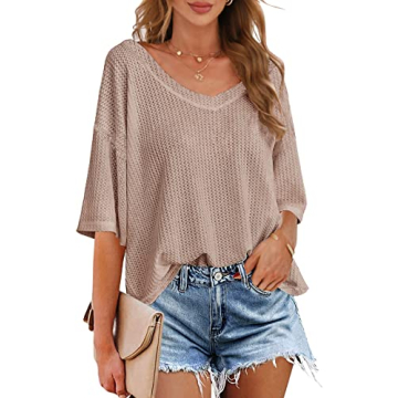 MEROKEETY Women's Waffle Knit V Neck Top for Stylish Comfort