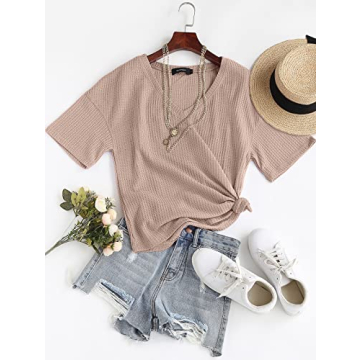 MEROKEETY Women's Waffle Knit V Neck Top for Stylish Comfort