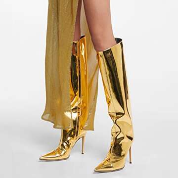 Arqa Women's Gold Metallic Boots Chrome Leather Stiletto High Heels Knee High Boot Pointed Toe Wide Calf Boot with Zipper Dressy Shoes Chrome Gold Size 8