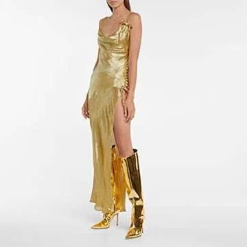 Arqa Women's Gold Metallic Boots Chrome Leather Stiletto High Heels Knee High Boot Pointed Toe Wide Calf Boot with Zipper Dressy Shoes Chrome Gold Size 8