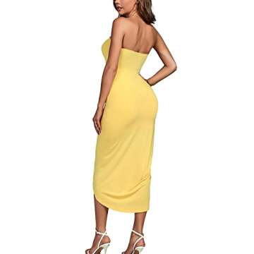 Umenlele Women's Strapless Ruched High Waist Wrap Split Asymmetrical Beach Maxi Long Dress Bright Yellow#3 X-Large