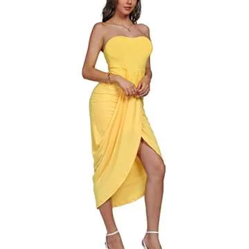 Umenlele Women's Strapless Ruched High Waist Wrap Split Asymmetrical Beach Maxi Long Dress Bright Yellow#3 X-Large