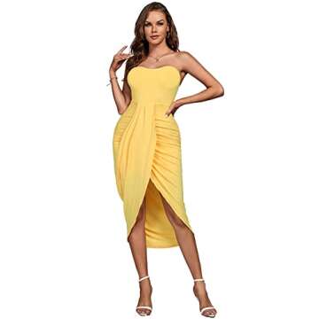 Umenlele Women's Strapless Ruched High Waist Wrap Split Asymmetrical Beach Maxi Long Dress Bright Yellow#3 X-Large