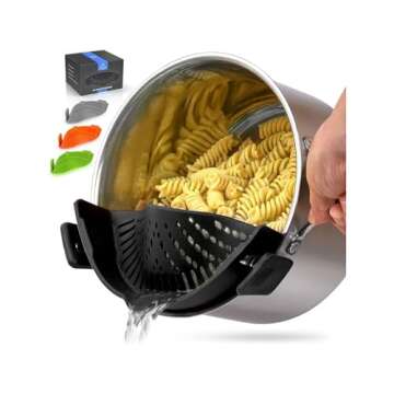 Zulay Silicone Pot Strainer - Adjustable Snap On Strainer For Most Pots & Pans - Food Grade, Heat Resistant Pot Strainer Clip On Silicone Colander For Draining Pasta, Fruits, & Vegetables (Black)