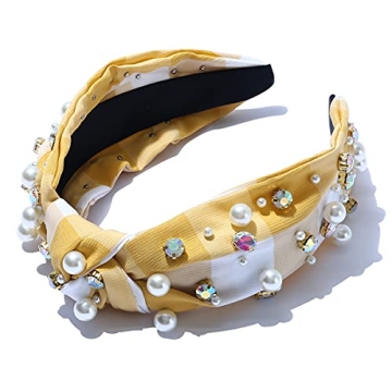 FEDANS Pearly Crystal Knotted Women Headband Plaid Checkered Luxury Yellow Jeweled Embellished Top H...
