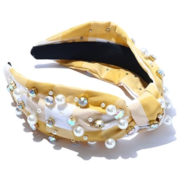 FEDANS Pearly Crystal Knotted Women Headband Plaid Checkered Luxury Yellow Jeweled Embellished Top Hairband Fashion Elegant Ladies Hair Band