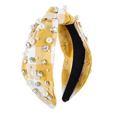FEDANS Pearly Crystal Knotted Women Headband Plaid Checkered Luxury Yellow Jeweled Embellished Top Hairband Fashion Elegant Ladies Hair Band