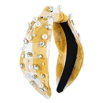 FEDANS Pearly Crystal Knotted Women Headband Plaid Checkered Luxury Yellow Jeweled Embellished Top Hairband Fashion Elegant Ladies Hair Band