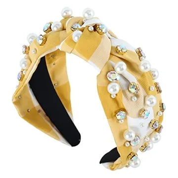 FEDANS Pearly Crystal Knotted Women Headband Plaid Checkered Luxury Yellow Jeweled Embellished Top Hairband Fashion Elegant Ladies Hair Band