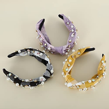 FEDANS Pearly Crystal Knotted Women Headband Plaid Checkered Luxury Yellow Jeweled Embellished Top Hairband Fashion Elegant Ladies Hair Band