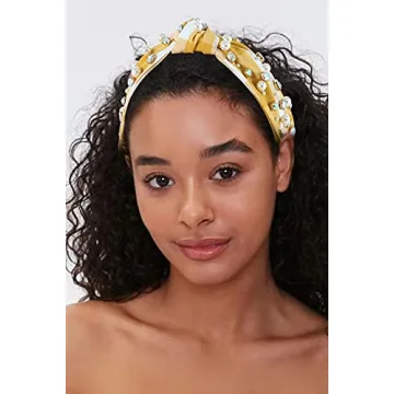 FEDANS Pearly Crystal Knotted Women Headband Plaid Checkered Luxury Yellow Jeweled Embellished Top Hairband Fashion Elegant Ladies Hair Band