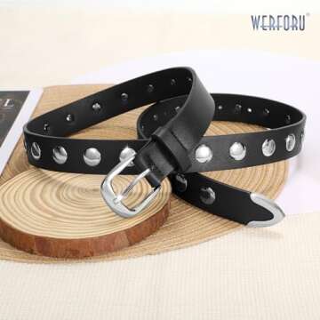 WERFORU Women Fashion Leather Belt Women Belts for Jeans Dress Women Punk Leather Belt Women Studded Leather Belt Women Vintage Belt,(Black-Silver,32"-36" Waist Adjustable)