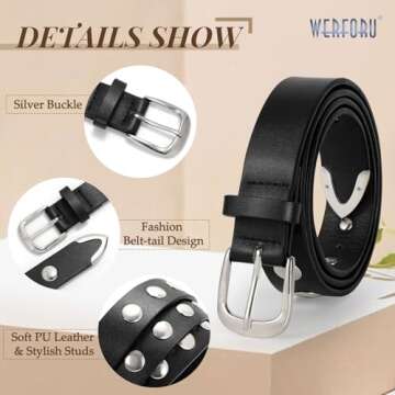 WERFORU Women Fashion Leather Belt Women Belts for Jeans Dress Women Punk Leather Belt Women Studded Leather Belt Women Vintage Belt,(Black-Silver,32"-36" Waist Adjustable)