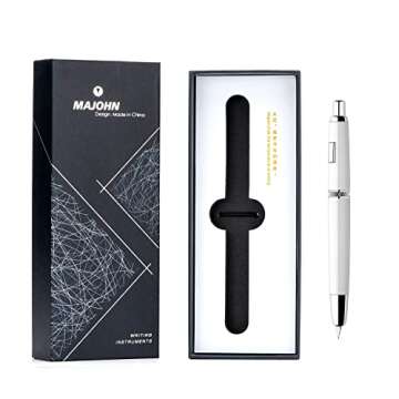 Majohn A1 Press Fountain Pen with Box, Retractable Extra Fine Nib Metal Pearl White Ink Pen with Con...