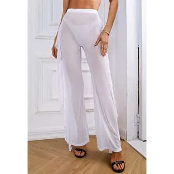 COCOLEGGINGS Women's Swimsuit Coverup Ruffle Sheer Mesh Pants White L