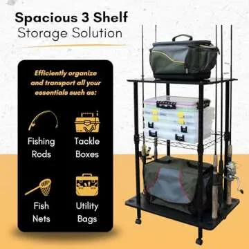 Rush Creek Creations, Fishing Rod Holder for 12-Rods, Fishing Pole Holder for Garage, for Fishing Gear, Pole, Rod, Tackle Box, Holistic Fishing Rod Storage, 12 Freshwater Rod Clips, Big Wheels, Black