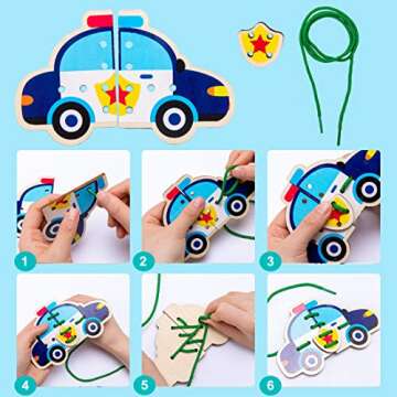 Promise Babe 5 Pack Lacing Cards Wooden Cars Block Puzzle Threading Toys Montessori Toy Sewing Cards for Toddler Educational Preschool Toys…