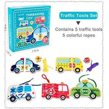 Promise Babe 5 Pack Lacing Cards Wooden Cars Block Puzzle Threading Toys Montessori Toy Sewing Cards for Toddler Educational Preschool Toys…