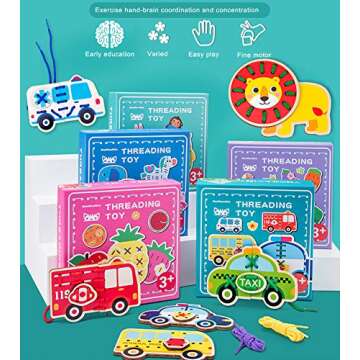Promise Babe 5 Pack Lacing Cards Wooden Cars Block Puzzle Threading Toys Montessori Toy Sewing Cards for Toddler Educational Preschool Toys…