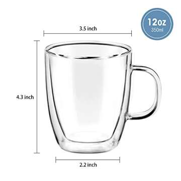 Liuruiyu Double Wall Glass Coffee mugs, (Set of 2) 12 Ounces-Clear Glass Coffee Cups with Handle,Ins...