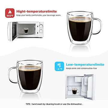 Liuruiyu Double Wall Glass Coffee mugs, (Set of 2) 12 Ounces-Clear Glass Coffee Cups with Handle,Insulated Coffee Glass,Cappuccino Cups,Tea Cups,Latte Cups,Beverage Glasses