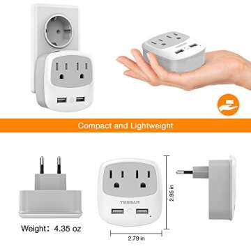 TESSAN US to India Plug Adapter, Type D Travel Adaptor with 2 USB Charger Ports 2 American Outlets, USA to Indian Power Converter for Nepal Bangladesh Maldives Pakistan Tanzania Sri Lanka
